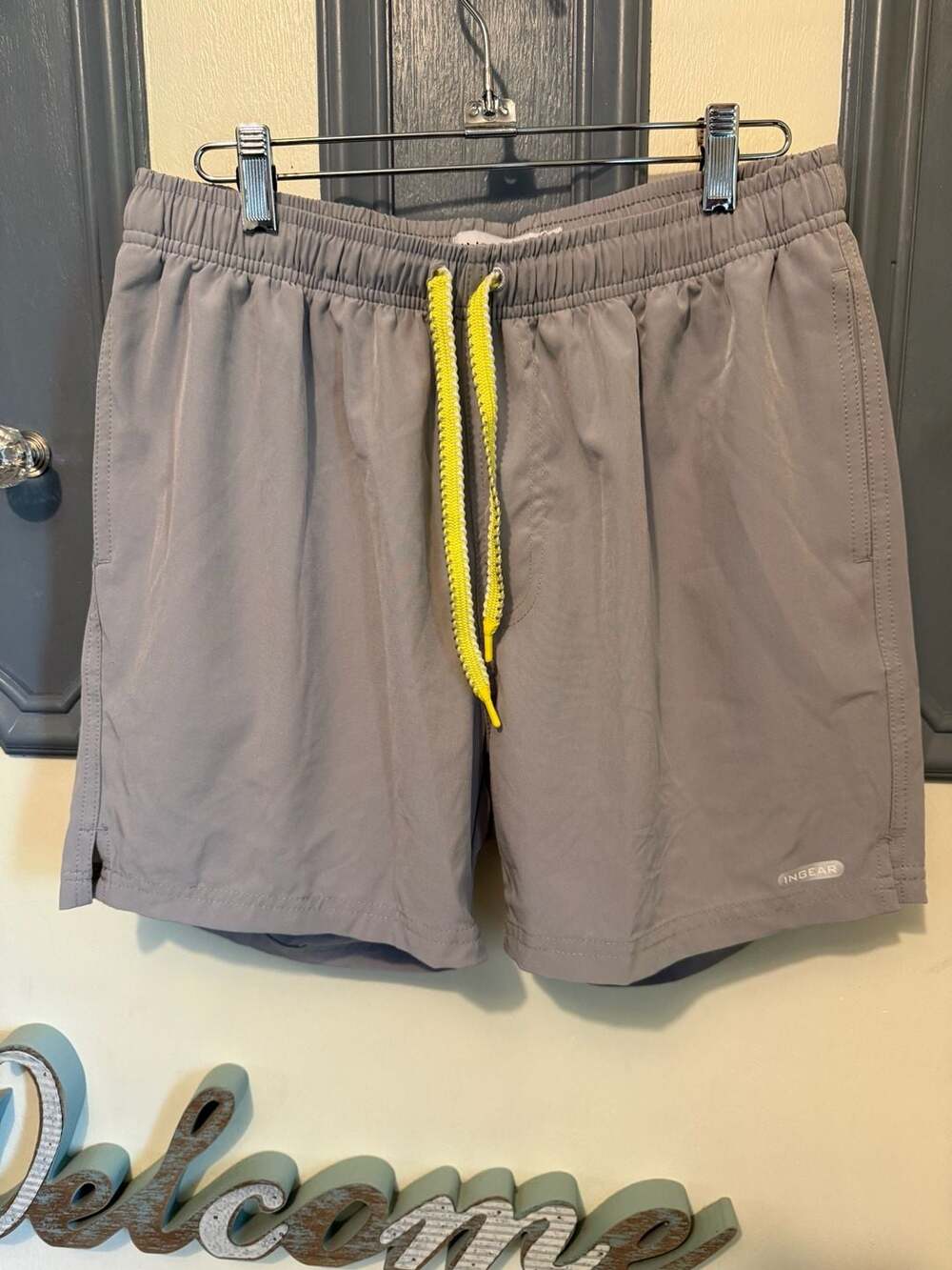 InGear Swim Men's Gray Quick-Dry Swim Trunks with Neon Drawstring